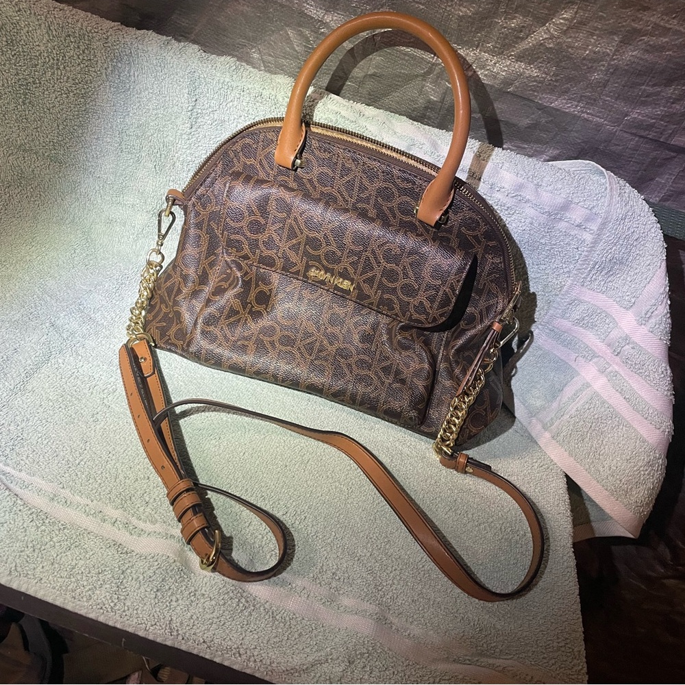 Calvin Klein Brown Designer Handbag with Tan Accents